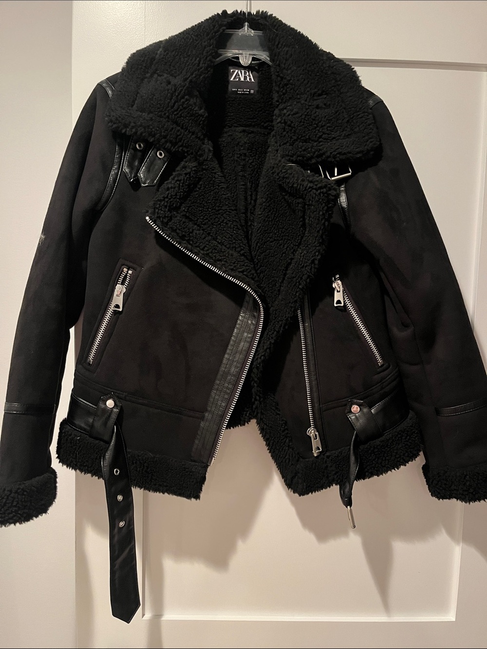 Zara Black Faux Shearling Biker Jacket